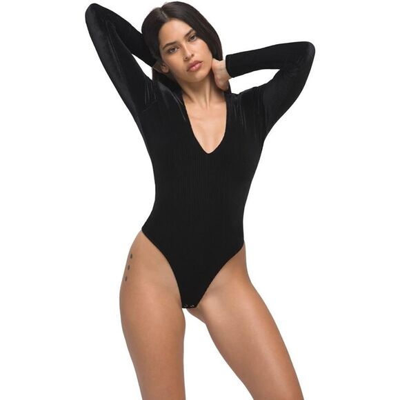 Good American All Day Ribbed Velvet Deep V Neck Bodysuit Black 4 XL - Picture 2 of 16